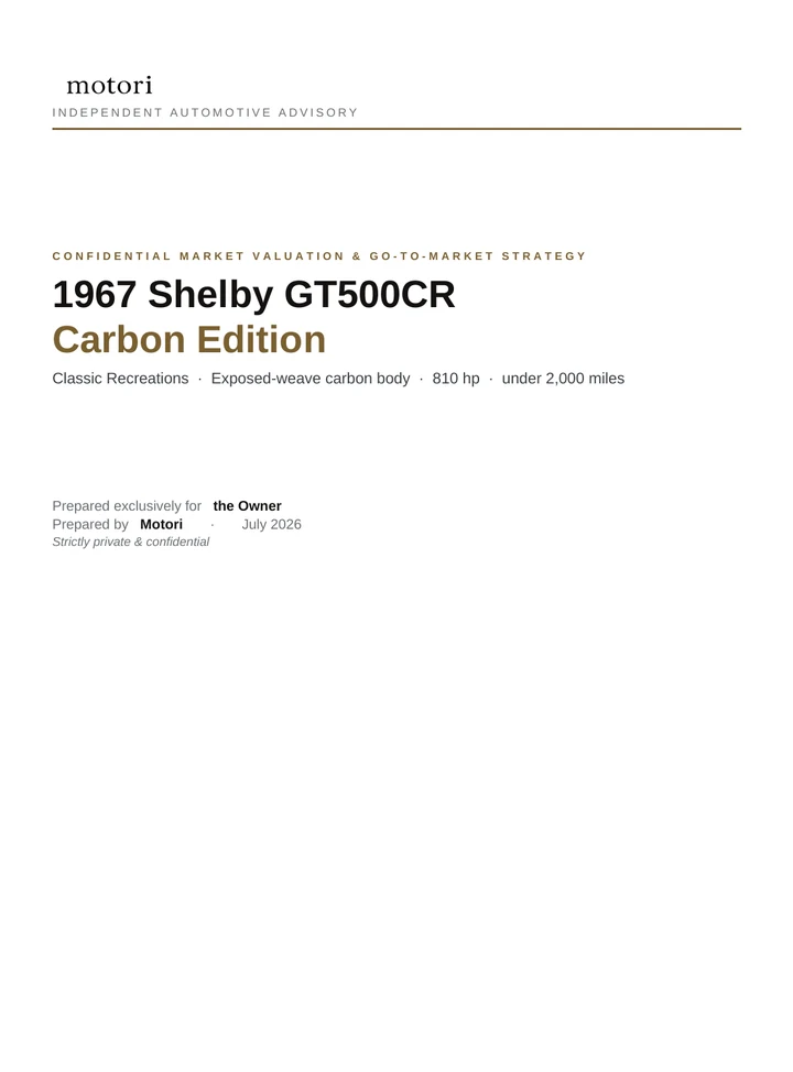 Cover page of a Motori market valuation — 1967 Shelby GT500CR Carbon Edition, prepared in confidence